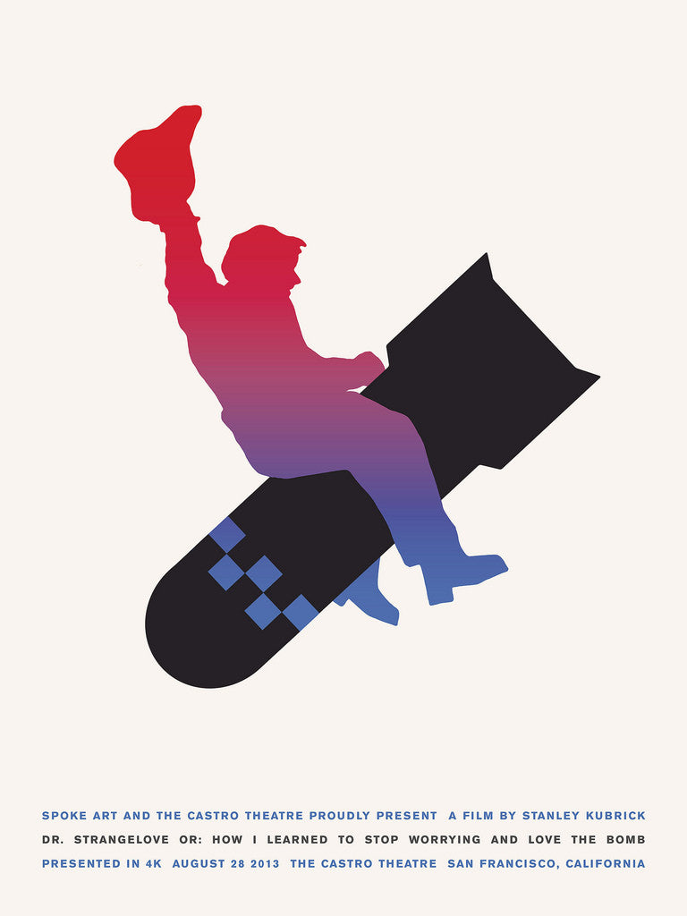 The limited edition Sam Smith screen print features a silhouette of a person riding a bomb in gradient shades of red, purple, and blue. Below, white text announces a Dr. Strangelove screening at San Franciscos Castro Theatre with event details.