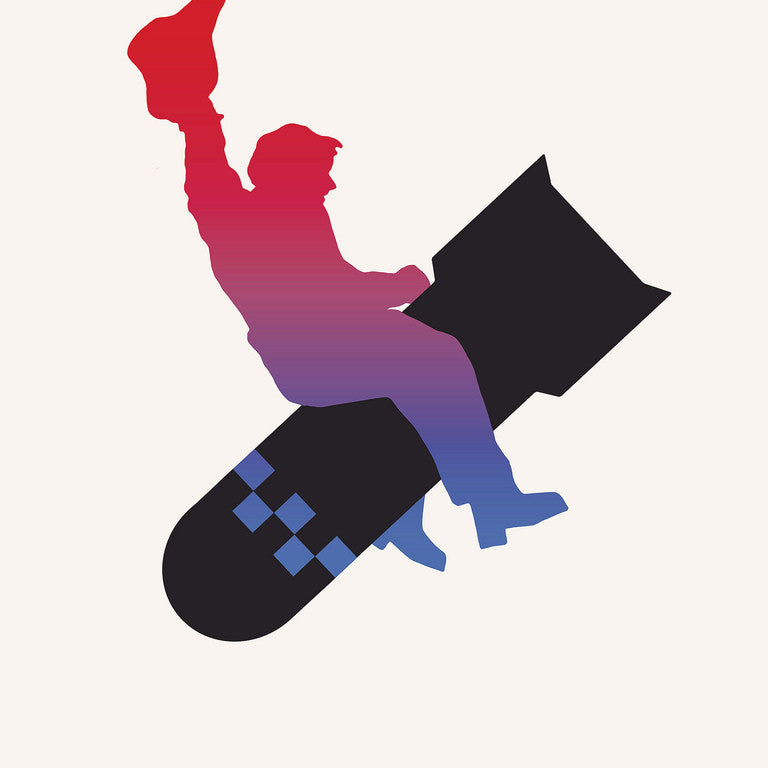 The limited edition Sam Smith screen print features a silhouette of a person riding a bomb in gradient shades of red, purple, and blue. Below, white text announces a Dr. Strangelove screening at San Franciscos Castro Theatre with event details.