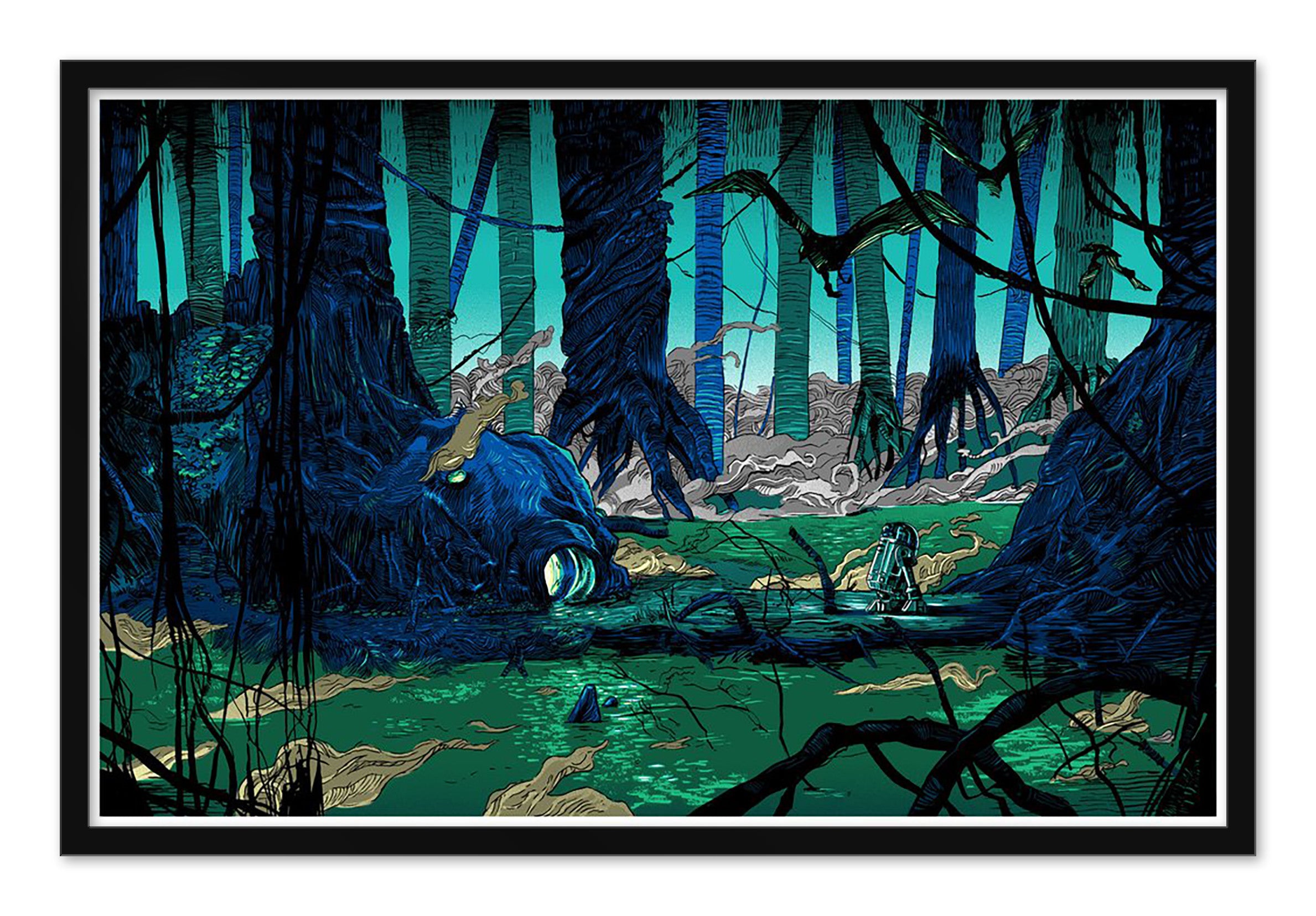 A stylized illustration of a swamp with tall, dark trees, twisted roots, and a fallen log creates a mystical atmosphere. In shades of blue, teal, and green reminiscent of Tim Doyles screen prints, the scene features birds flying overhead in an otherworldly landscape.