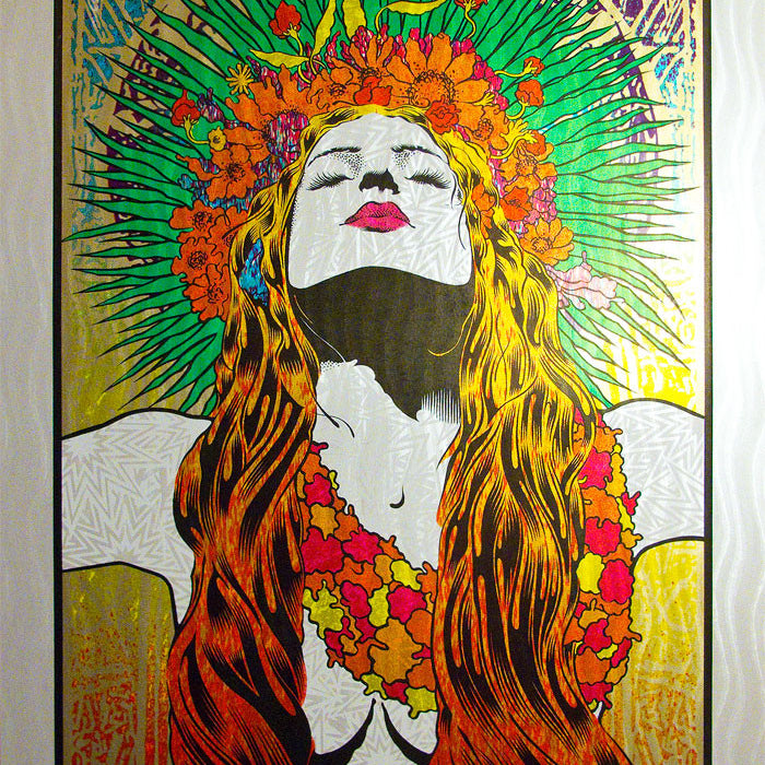 The vibrant concert poster by Chuck Sperry shows a woman with long hair, eyes closed, wearing red and orange flowers. She dons a floral necklace and a radiant green-orange crown. Widespread Panic Spring Tour 2013 is displayed at the top.