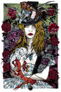 A gothic Alice-inspired woman wears a feathered hat with a key and tag, holding a white rabbit among red roses, a grinning cat, and complex designs. The Rhys Cooper-style scene includes a red ribbon reading Eat me above a pocket watch, ideal for screen print charm.