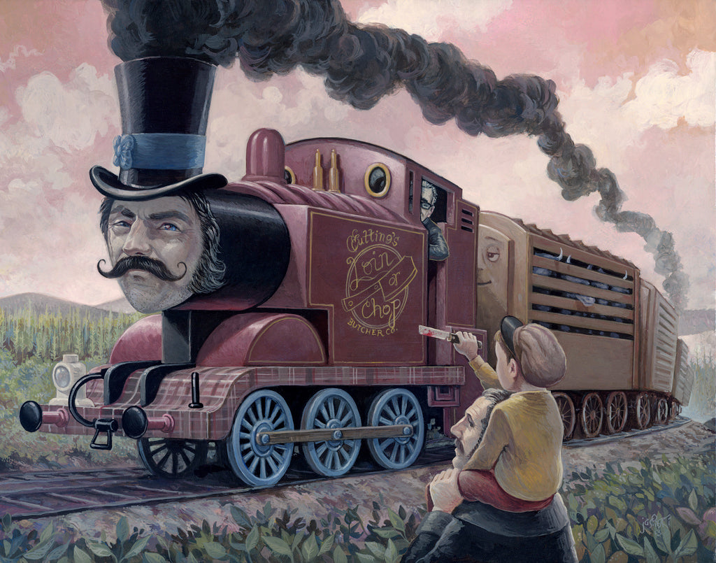 A whimsical acrylic train painting by Aaron Jasinski features a human-faced train with a top hat and mustache labeled Gutting Levi & Chop, evoking Martin Scorsese. A child on a mans shoulders points a telescope as smoke billows, set amid fields.