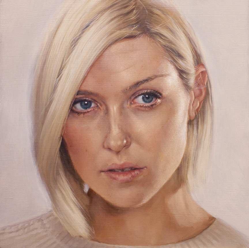 An oil on panel painting in Aaron Nagels style depicts a person with short blonde hair and blue eyes, gazing intently at the viewer. Wearing a light top against a plain background, it draws viewers into the Supersonic Electronic Invitational world.