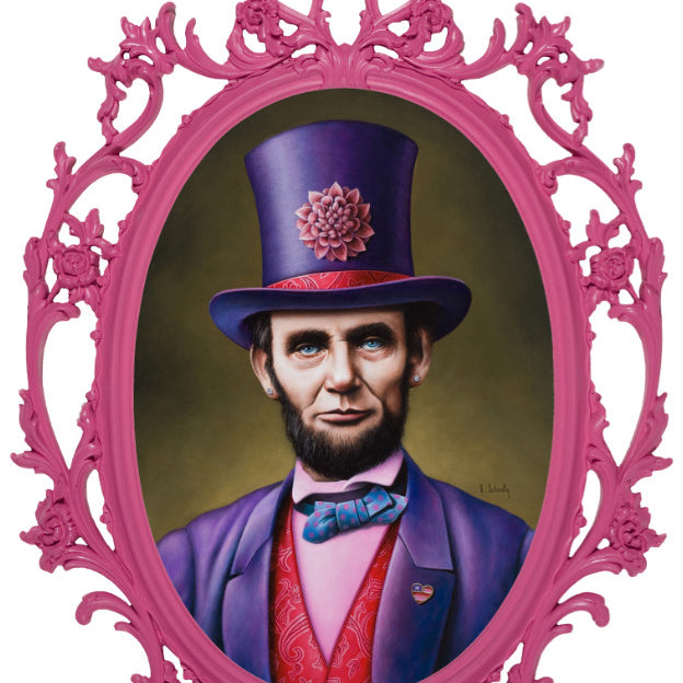 A portrait by Scott Scheidly features a man in a vintage ornate pink frame at Spoke Art Gallery. He wears a purple top hat with a flower, whimsical purple coat, red waistcoat, and blue bow tie, set against a muted green background that merges history and fantasy.