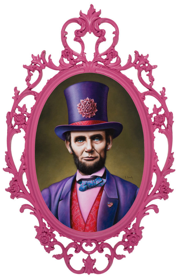 A portrait by Scott Scheidly features a man in a vintage ornate pink frame at Spoke Art Gallery. He wears a purple top hat with a flower, whimsical purple coat, red waistcoat, and blue bow tie, set against a muted green background that merges history and fantasy.