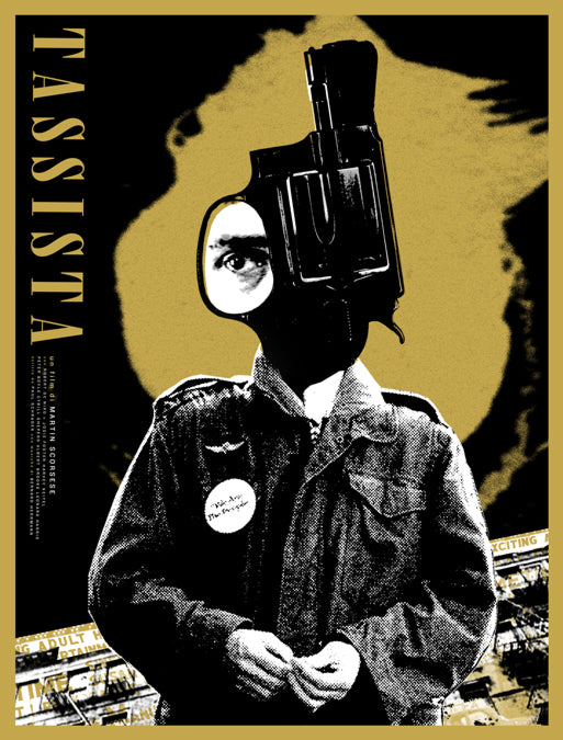 Limited edition screen print by Adam Maida: An abstract collage featuring a Taxi Driver-inspired figure with a gun head, one visible eye, and TASSISTA on the left. Background textures and images fill out the scene, with a jacket badge stating, We Are The Future.