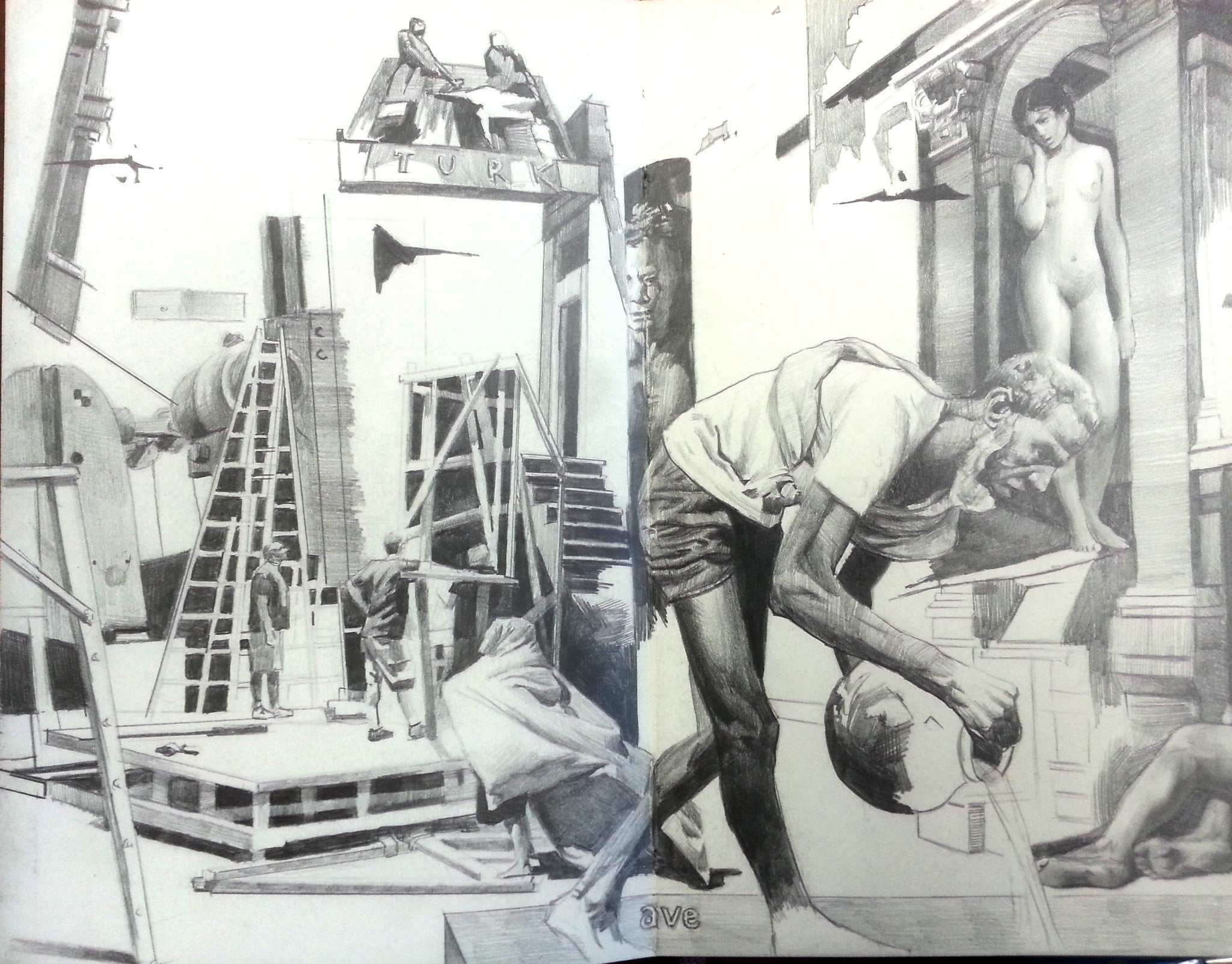 A detailed graphite drawing in a Moleskine notebook, reminiscent of Adam Caldwells style, depicts a construction scene with workers on scaffolding, a man holding his helmet, and a nude figure in the background, dynamically blending industrial and human elements.