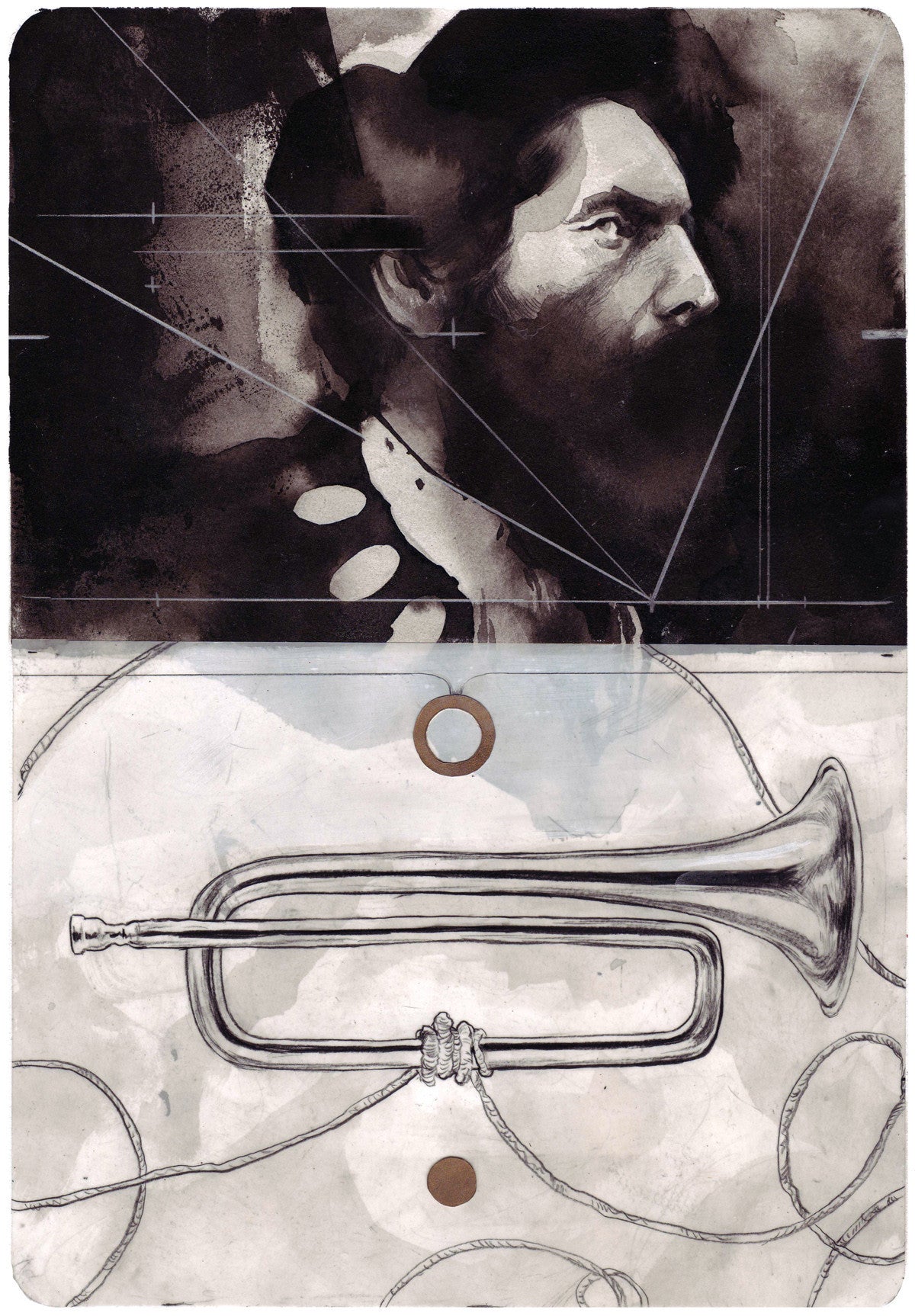 A grayscale portrait inspired by Nimit Malavia shows a contemplative man in the top half. Below, a detailed trumpet sketch on art duralar is highlighted by crossing lines and circles.