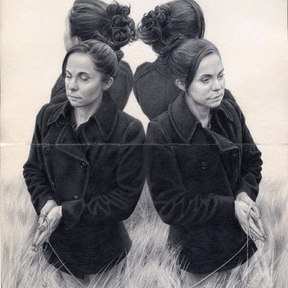 A graphite sketch by Albert Ramos shows a woman with closed eyes, mirrored thrice like Janus, in tall grass. Her hair is in a bun, she wears a coat, and holds threads delicately. The artwork looks as if rendered on well-worn Moleskine pages.