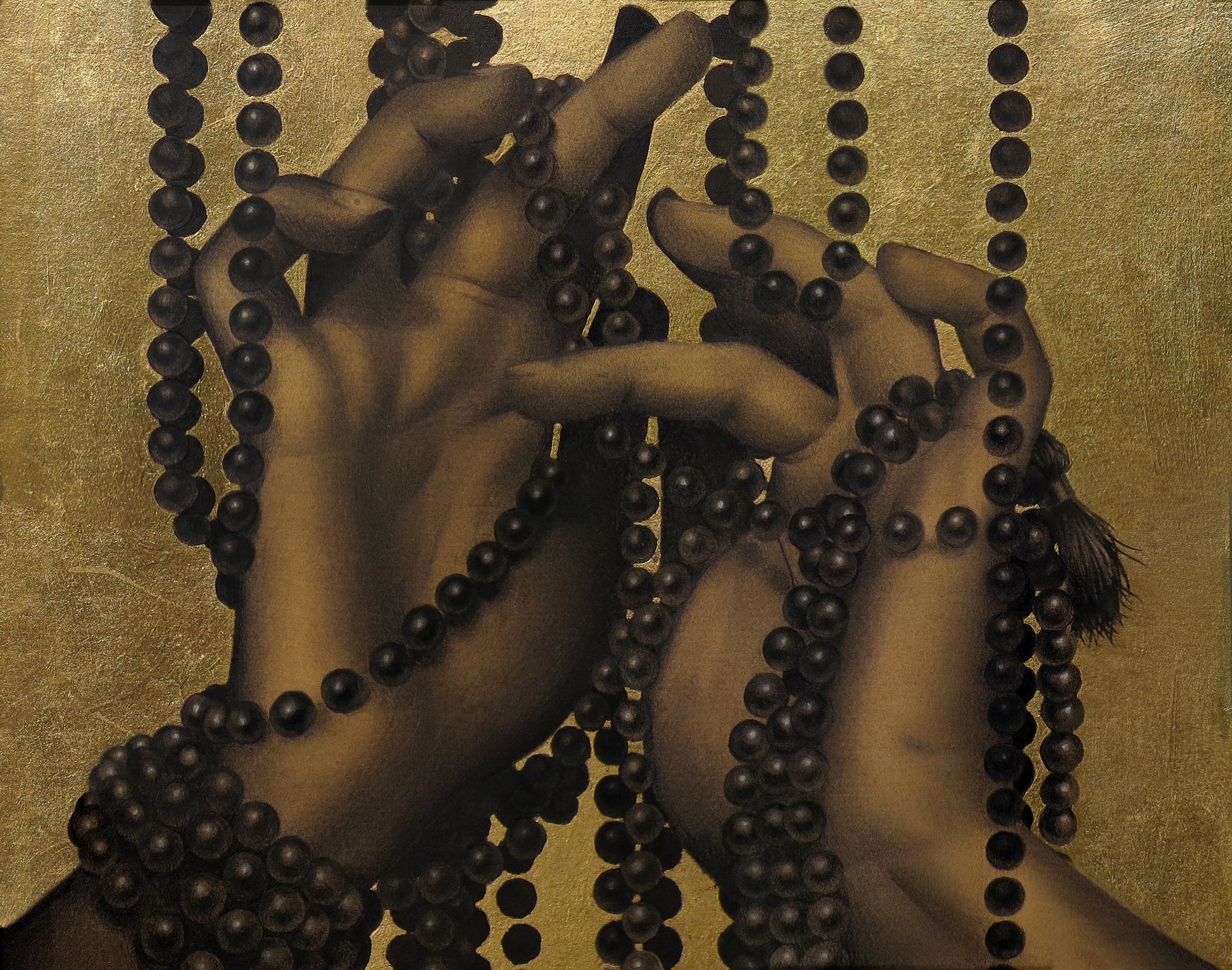 Two hands intertwined with dark beads on a textured golden background evoke a sense of prayer, offering dramatic artistry. Reminiscent of Alessandra Marias mixed media, the composition beautifully contrasts the beads and hands in a stunning display.