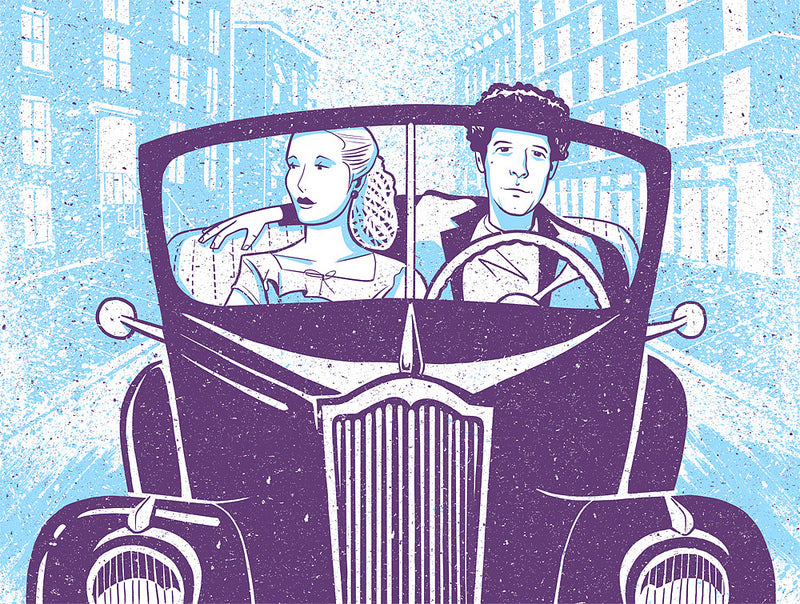 This limited edition screen print from Alex Pearson depicts a vintage scene featuring two people in a classic car. A braided woman leans on the passenger door as a man drives, framed by stylized blue and white buildings.
