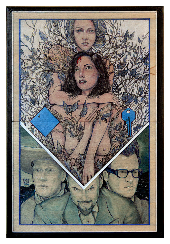 A framed painting by Alex R. Kirzhner titled I Hate Us Both shows a geometric design with two women entwined with branches and leaves, surrounded by a diamond and key symbol, atop three men with serious expressions on mixed media wood panels.