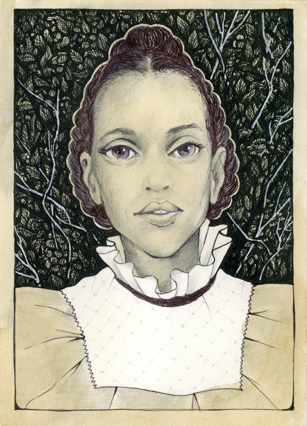 Depicting a person with a neutral expression and a ruffled collar, this Alex R. Kirzhner artwork features intricately detailed dark green leaves and branches in pen & ink, delivering an artistic and ornate classic Broomhilda style.