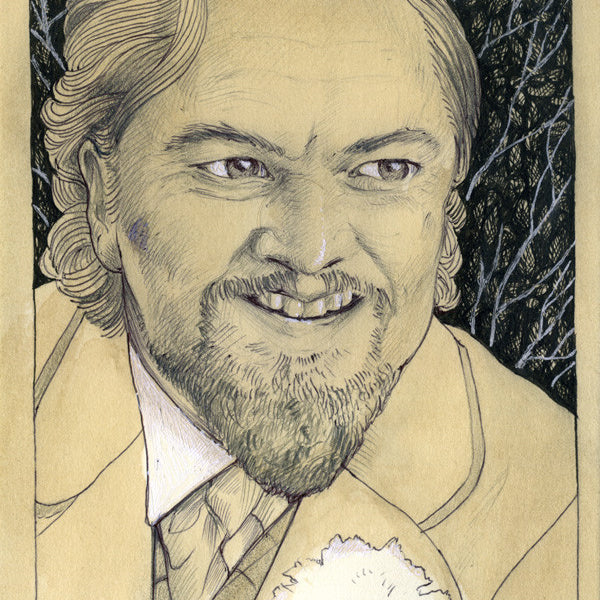 A detailed Alex R. Kirzhner pencil drawing features a bearded man with styled hair, reminiscent of Calvin Candie, in a suit with a flower on the lapel. The backgrounds dark trees echo the moody style typical of Quentin vs Coen narratives.