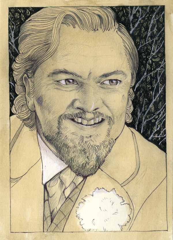 A detailed Alex R. Kirzhner pencil drawing features a bearded man with styled hair, reminiscent of Calvin Candie, in a suit with a flower on the lapel. The backgrounds dark trees echo the moody style typical of Quentin vs Coen narratives.