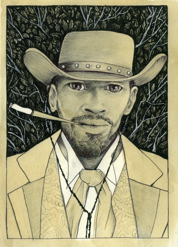 An Alex R. Kirzhner-inspired illustration features a person in a wide-brimmed cowboy hat and an intricately patterned suit, with a Django pen beside a long pipe, set against a dynamic backdrop of branches.
