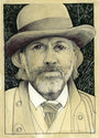The Alex R. Kirzhner print depicts a bearded man in a hat and coat, echoing King Schultzs style against a backdrop of sketchy foliage. Its rendered in muted tones with detailed facial features and textured clothing.