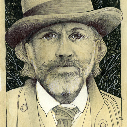 The Alex R. Kirzhner print depicts a bearded man in a hat and coat, echoing King Schultzs style against a backdrop of sketchy foliage. Its rendered in muted tones with detailed facial features and textured clothing.