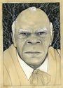 An ink graphite portrait by Alex R. Kirzhner features a serious, bald individual with white eyebrows, wearing a cream suit, white shirt, and brown tie. The background showcases abstract tree-like patterns, capturing depth and detail in this original artwork.