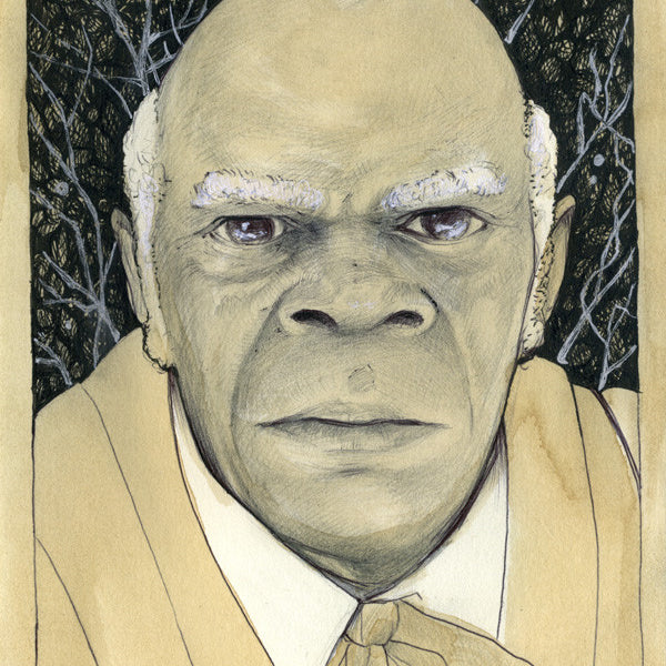 An ink graphite portrait by Alex R. Kirzhner features a serious, bald individual with white eyebrows, wearing a cream suit, white shirt, and brown tie. The background showcases abstract tree-like patterns, capturing depth and detail in this original artwork.