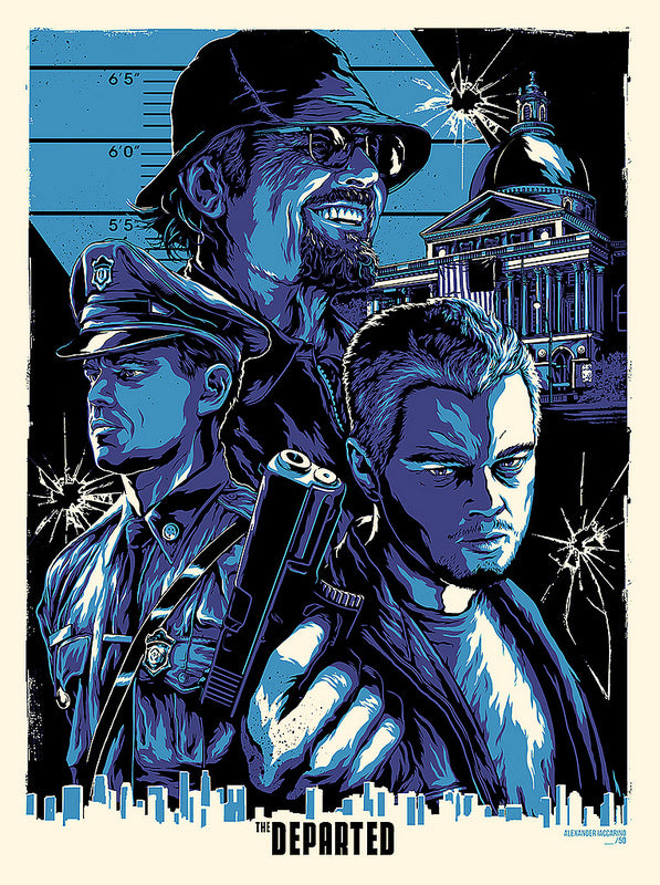 Alexander Iaccarinos limited edition screen print of The Departed portrays three men: a policeman, another in a cap and glasses, and one with a gun, set against a government building with bullet-riddled glass. The blue and black palette reflects Martin Scorseses art style.
