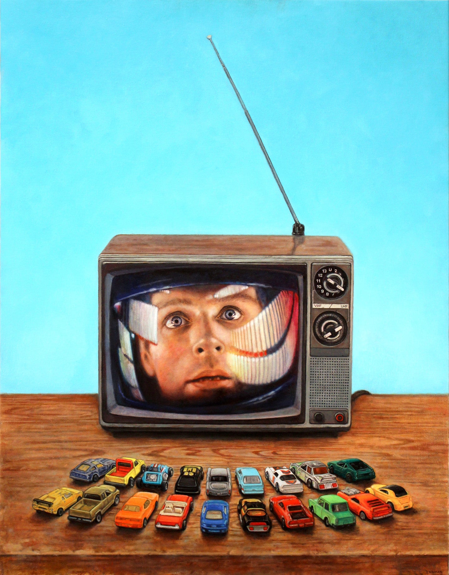 A vintage TV, echoing Allan Innmans style, shows a mans surprised face. In front, small toy cars are neatly placed on wood, capturing an art sale vibe against a solid light blue backdrop.