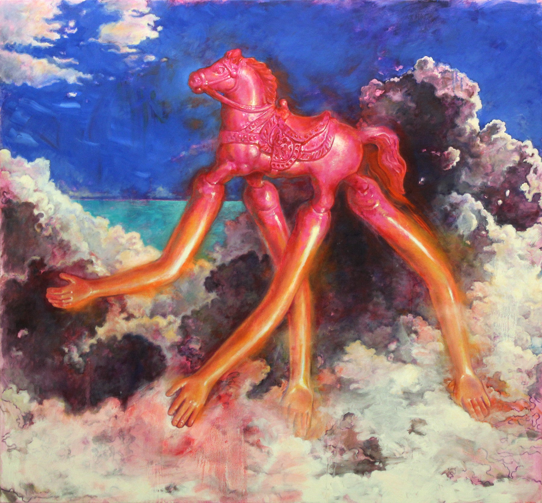 Allan Innmans surreal artwork Wind-walker showcases a pink toy horse with human arms extending from its legs, set against an abstract backdrop of swirling clouds and blue sky. This dreamlike scene captures the fluidity akin to oil on canvas.
