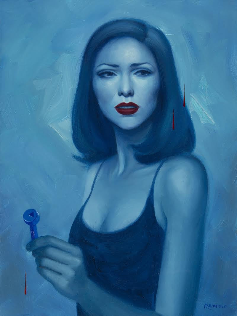 In Allison Reimolds signature style, a painted diptych of a woman in blue shades captivates. Her red lips contrast her shoulder-length dark hair and black spaghetti strap top. She holds a blue key while small red marks near her face and arm add intrigue to the oil on panel artwork.