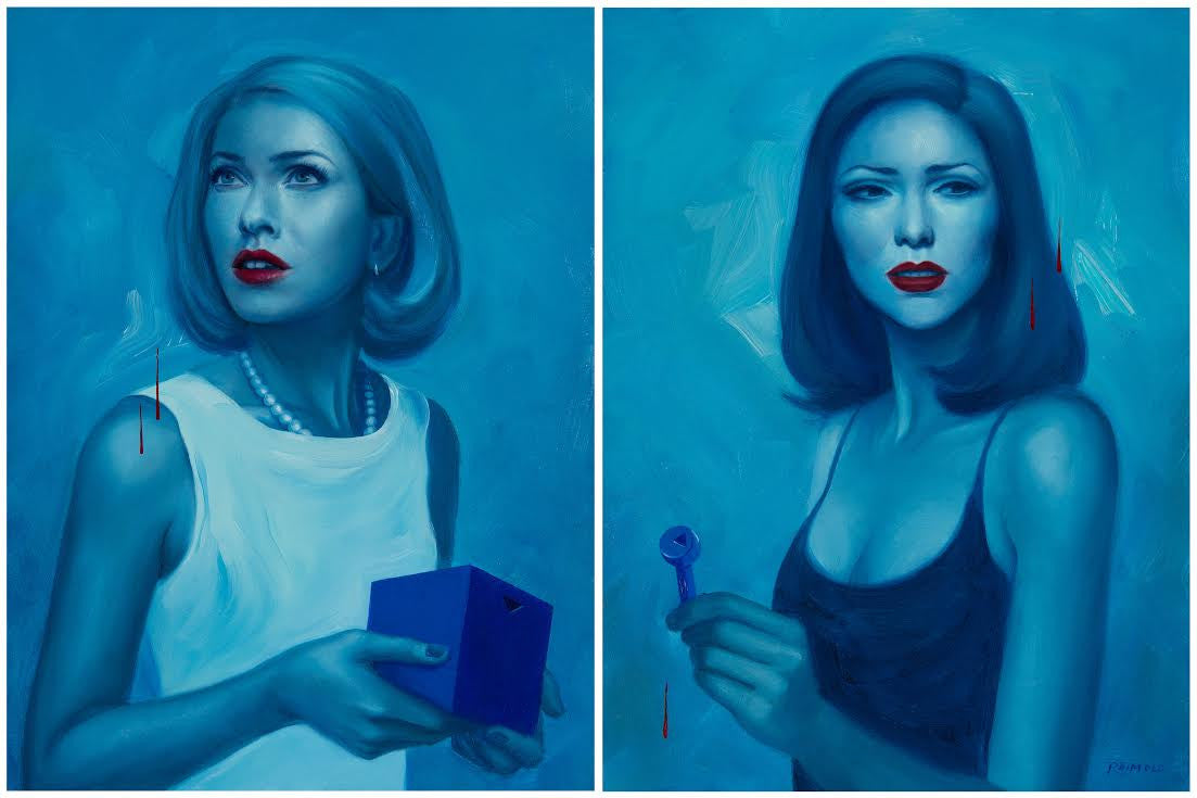 This diptych by Allison Reimold features two side-by-side portraits of women in blue hues. The left wears pearls and holds a blue box; the right is in black and holds a purple key. Both have striking red lips and subtle neck marks, exquisitely captured in oil on panel.