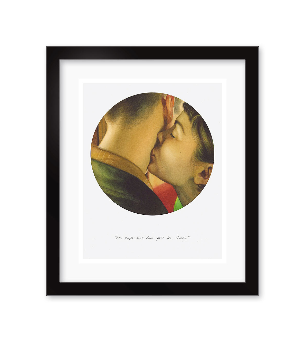 Framed artwork by Reuben Negron features a couple kissing, showcasing their heads and shoulders in a circular design set against a white background with a quote. It includes UV-resistant plexiglass and a modern black frame for timeless elegance.