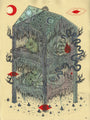 Surreal artwork reminiscent of Justin Lovato features a transparent cube-like structure with combined animal and human forms. Ink and paper patterns, tentacle-like shapes, a red sun, and an eye adorn the corners. Earthy and red tones dominate this ancient house composition.