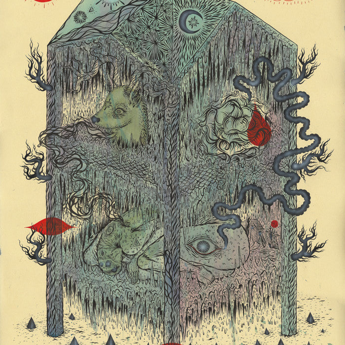 Surreal artwork reminiscent of Justin Lovato features a transparent cube-like structure with combined animal and human forms. Ink and paper patterns, tentacle-like shapes, a red sun, and an eye adorn the corners. Earthy and red tones dominate this ancient house composition.
