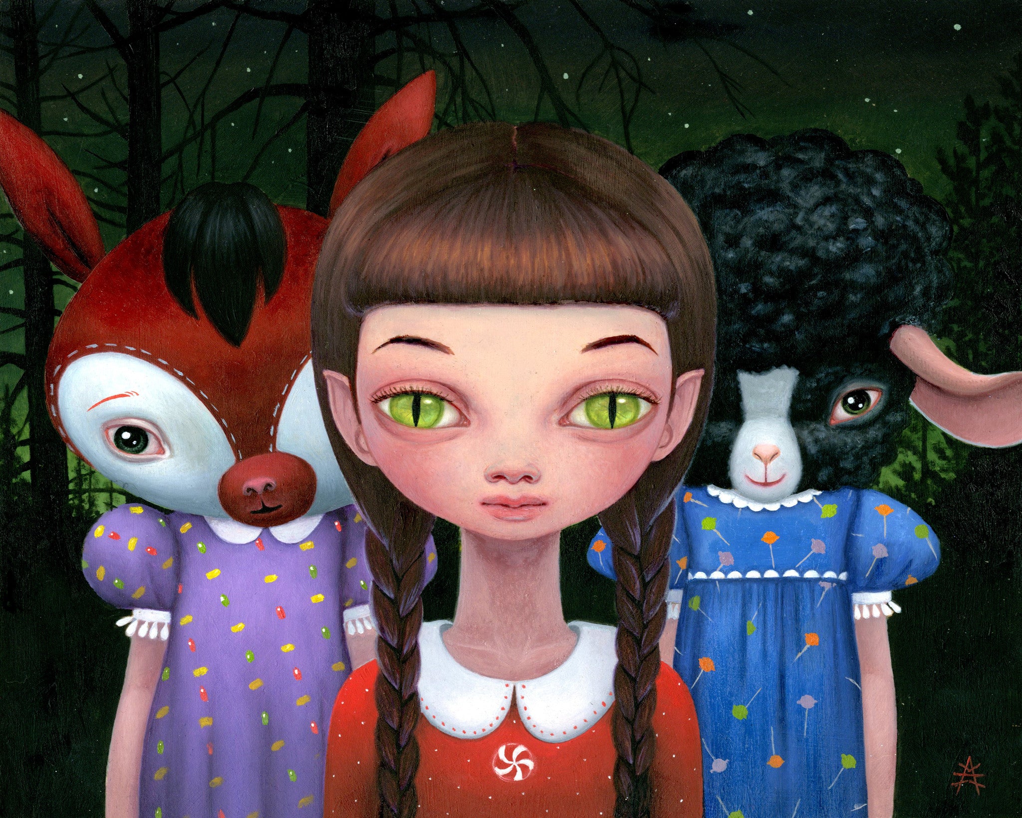 In Ana Bagayans artwork, a girl with green eyes and braided hair is flanked by two animal-headed figures—a red deer and a sheep—both in dresses. The scene, set against a dark forest beneath a starry night sky, captures the enigmatic aura of whimsical trick-or-treaters.