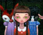 In Ana Bagayans artwork, a girl with green eyes and braided hair is flanked by two animal-headed figures—a red deer and a sheep—both in dresses. The scene, set against a dark forest beneath a starry night sky, captures the enigmatic aura of whimsical trick-or-treaters.