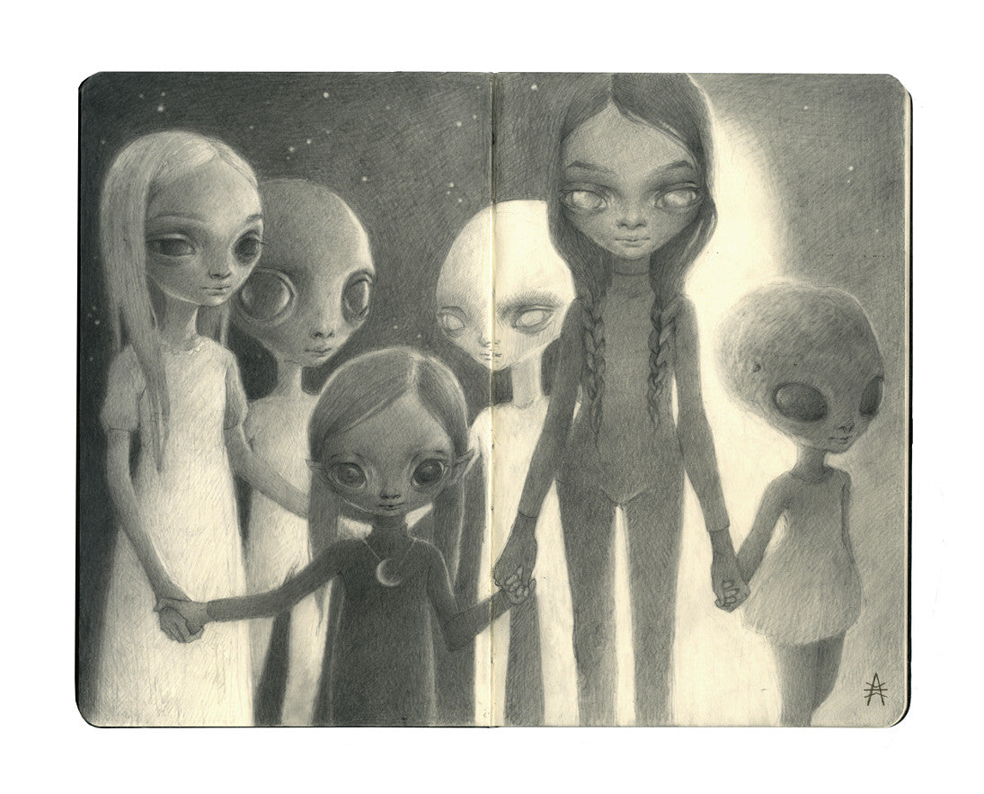 Ana Bagayans graphite drawing portrays hybrid children with large, alien-like eyes forming a circle hand in hand against a starlit backdrop. The ethereal scene is captured on Moleskine paper, amplifying its mysterious atmosphere.