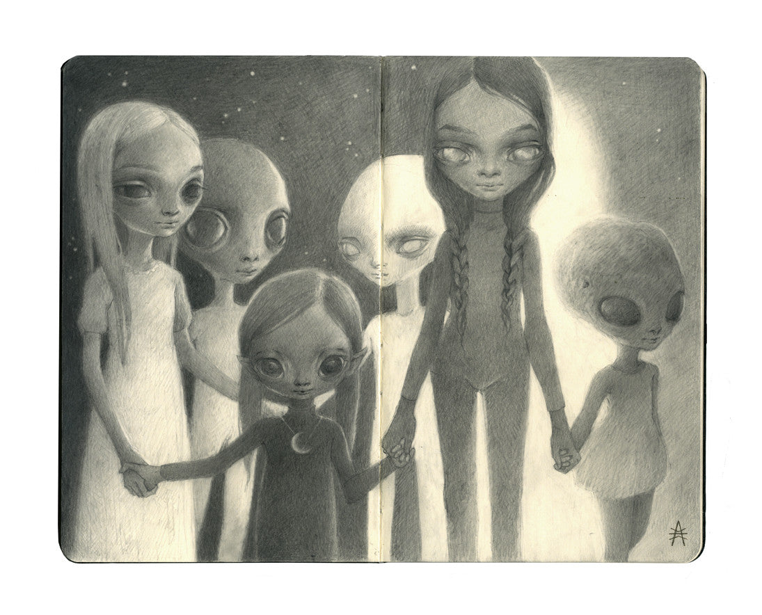 Ana Bagayans graphite drawing portrays hybrid children with large, alien-like eyes forming a circle hand in hand against a starlit backdrop. The ethereal scene is captured on Moleskine paper, amplifying its mysterious atmosphere.