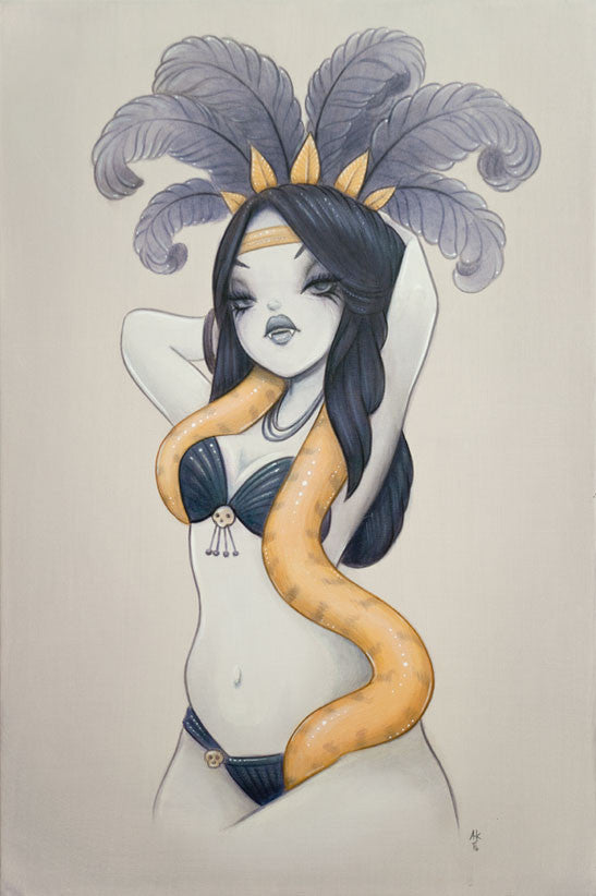This captivating Anarkitty acrylic on canvas features a woman in a feathered headdress and bikini, adorned with a yellow snake against her long, dark hair and a soft gray background.