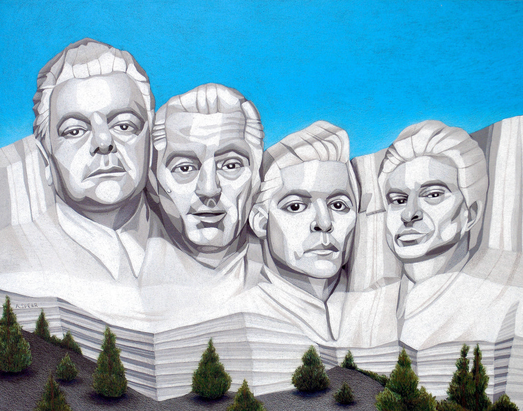 Andrew Spears tribute to Scorsese features intricate stone sculptures of four men with unique hairstyles and expressions, carved into a granite mountain. The scene is reminiscent of Mount Rushmore, set against a clear blue sky with green trees at the base.