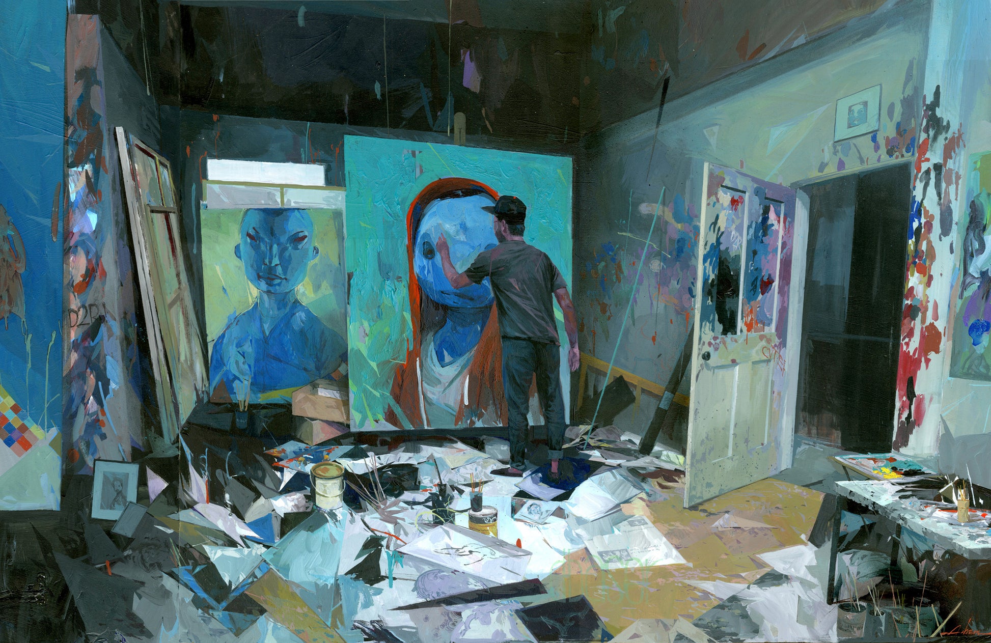 In a cluttered art studio, someone paints a vivid portrait on canvas. Papers and paint cans are scattered, with walls adorned by Andrew Hems dynamic artwork, reflecting a creative atmosphere reminiscent of mixed media on panel techniques.