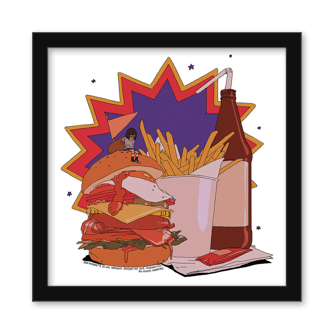 An illustration by Anna Pan features a stacked burger with toppings, fries in a carton, and a ketchup bottle with a straw. A tiny figure climbs the burger at Spoke Art NYC, set against a red and purple starburst design bordered by black.