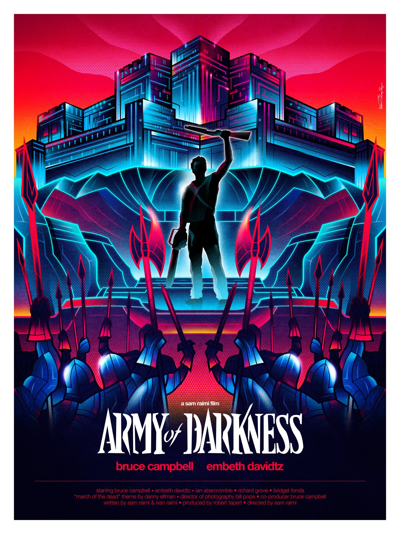 Van Orton Designs Army of Darkness poster features a heroic silhouette with a Boom Stick at the center. Neon blue, pink, and orange colors highlight an imposing fortress and troops, while the title and credits are elegantly positioned at the bottom.