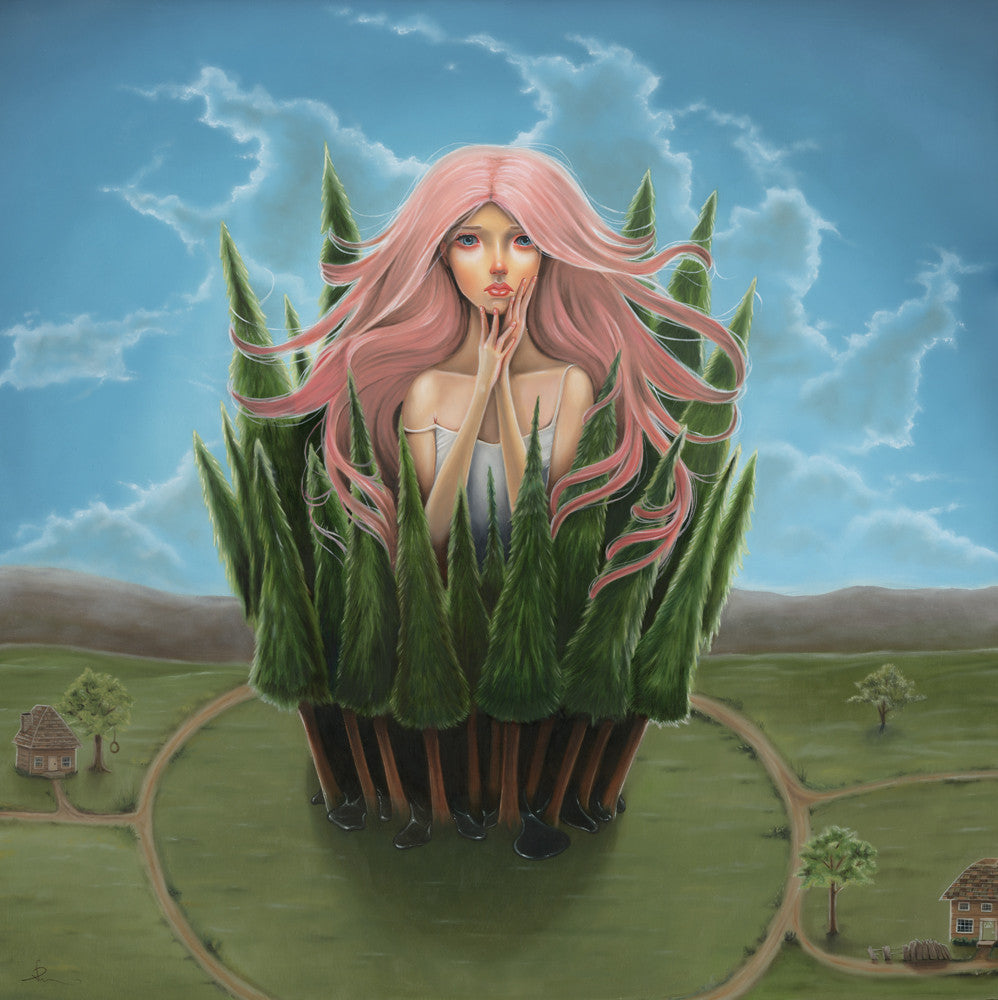 Audrey Pongraczs surreal framed painting features a pink-haired woman with a thoughtful expression, emerging from tall pine trees against a backdrop of blue sky, clouds, and paths leading to small houses in the grassy landscape.