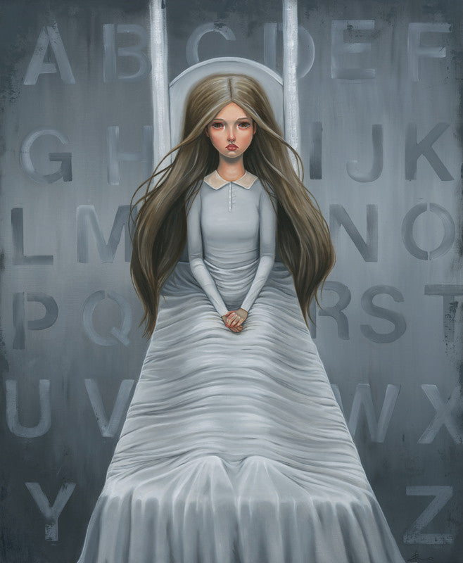 A girl in a long white dress on a swing set against a gray backdrop, surrounded by scattered alphabet letters, mirrors an Audrey Pongracz piece. Her long brown hair and calm expression invite viewers to ponder: Tell me what you think of me.