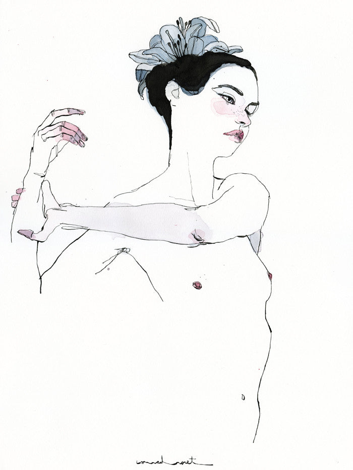 A minimalistic illustration by Conrad Roset features a topless person with short dark hair, a blue flower, and an arm across the chest. The artwork showcases soft watercolor tones enhanced by fine India ink lines.