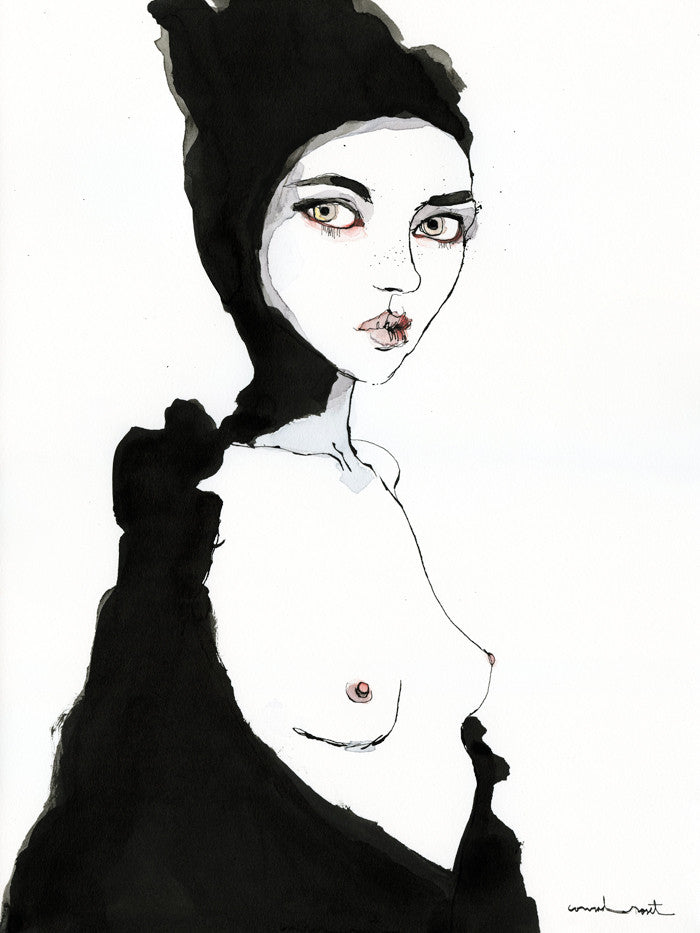 This piece features an artistic illustration of a person with striking, wide eyes and a somber expression, echoing Conrad Rosets style. The dark, abstract headpiece partially reveals the torso in this minimalistic work, using watercolor and India ink techniques for sharp contrasts.
