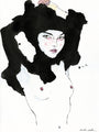 A striking illustrated portrait of a person with bold, intense eyes and a black abstract headpiece, featuring pink blush. The use of India ink and watercolor creates a dramatic contrast against the white background, embodying Conrad Rosets style.