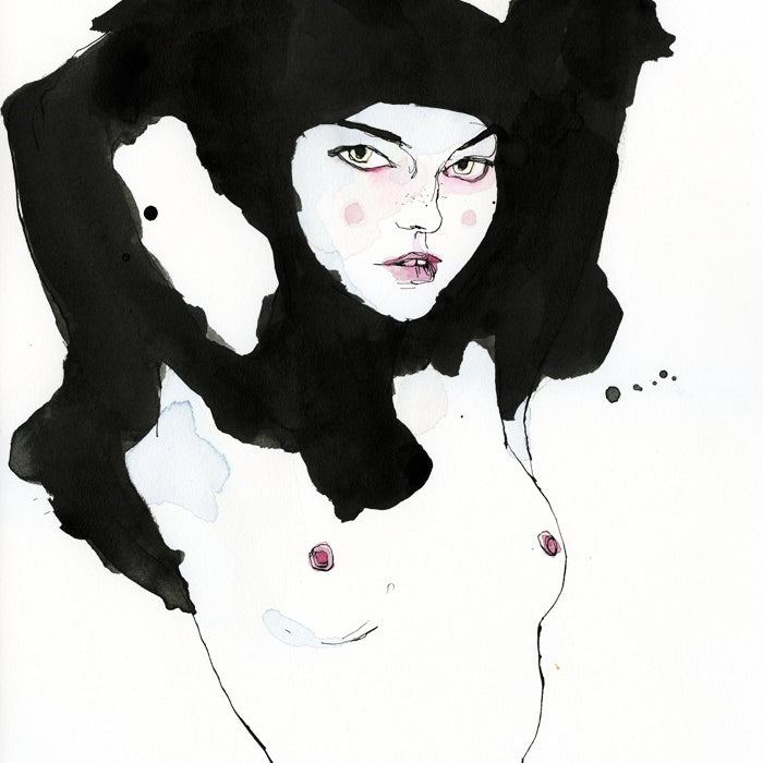 A striking illustrated portrait of a person with bold, intense eyes and a black abstract headpiece, featuring pink blush. The use of India ink and watercolor creates a dramatic contrast against the white background, embodying Conrad Rosets style.