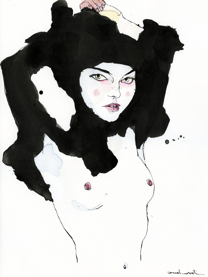 A striking illustrated portrait of a person with bold, intense eyes and a black abstract headpiece, featuring pink blush. The use of India ink and watercolor creates a dramatic contrast against the white background, embodying Conrad Rosets style.