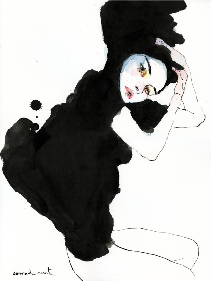 A captivating watercolor by Conrad Roset features a person in a black dress, gracefully lying with arms raised. Detailed red lips and gold eye accents stand out against the white background. This exquisite piece is now available for sale.
