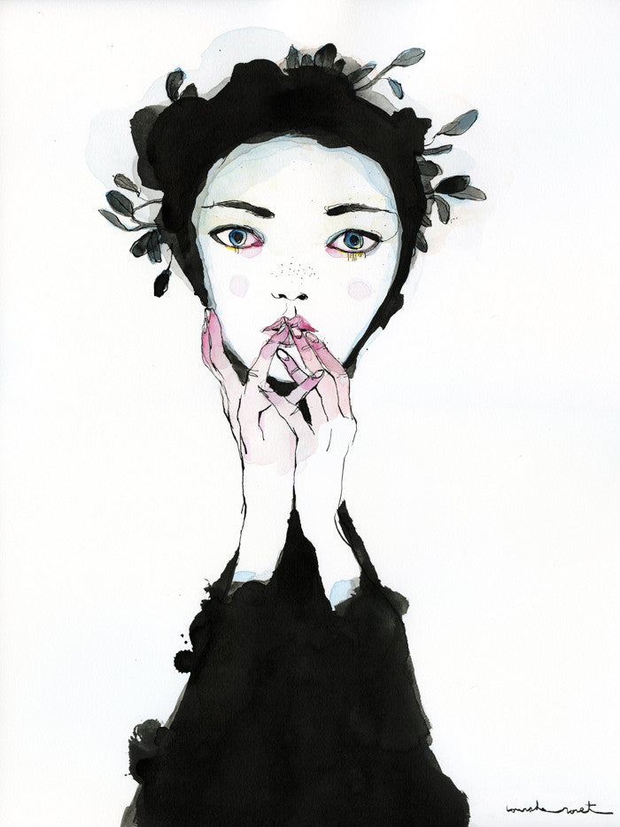 An illustration by Conrad Roset features a person with pale skin, colorful eyes, a dark outfit, and a leaf-adorned headpiece. Their hands are near their mouth in contemplation, rendered in Rosets signature watercolor style on a white background.